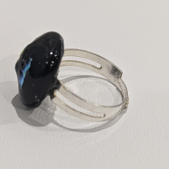Artisan Handmade medium size black and dichroic fused glass adjustable ring - Picture 3 of 3